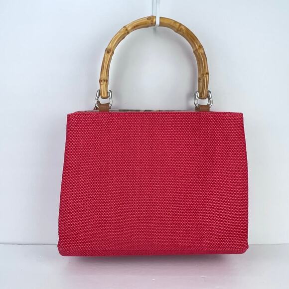 Fossil Bamboo Wooden Handle Woven Satchel Coral Salmon Pink Purse Hand Bag - Picture 2 of 11